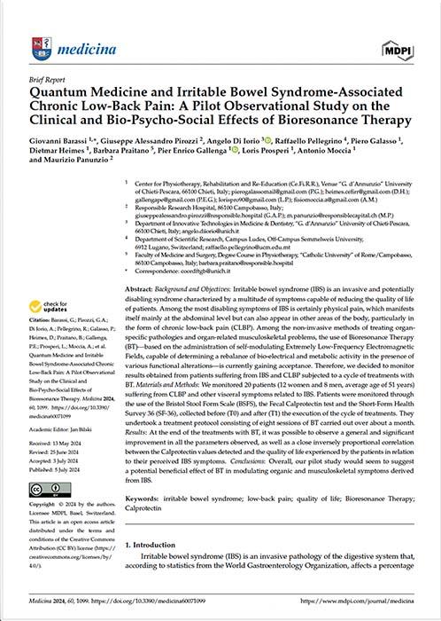 Quantum Medicine and Irritable Bowel Syndrome-Associated<br />
Chronic Low-Back Pain: A Pilot Observational Study on the<br />
Clinical and Bio-Psycho-Social Effects of Bioresonance Therapy