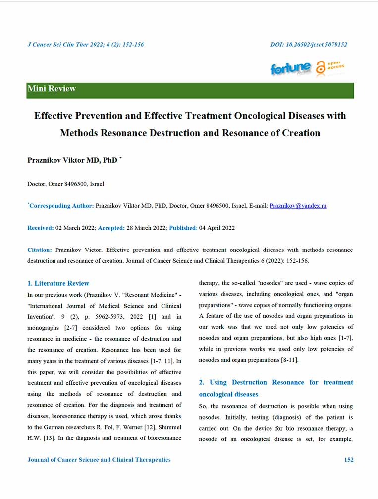 Prevenzione efficace e trattamento efficace delle malattie oncologiche con i metodi di risonanza di distruzione e risonanza di creazione