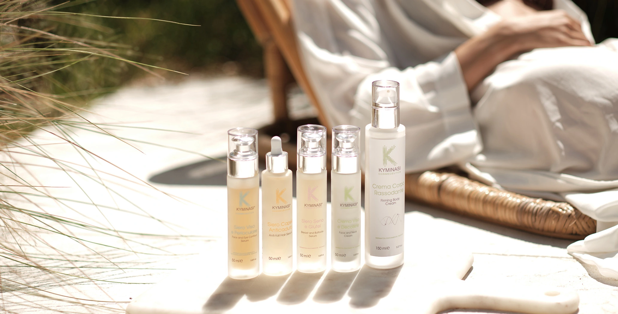 Cosmeceutici Kyminasi la linea: siero viso, crema viso, crema corpo, siero seno e glutei, siero capelli anticaduta