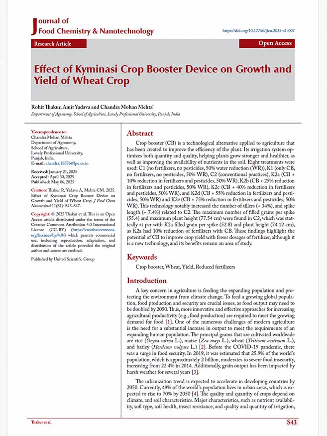 Research Article: Effect of Kyminasi Crop Booster Device on Growth and<br />
Yield of Wheat Crop