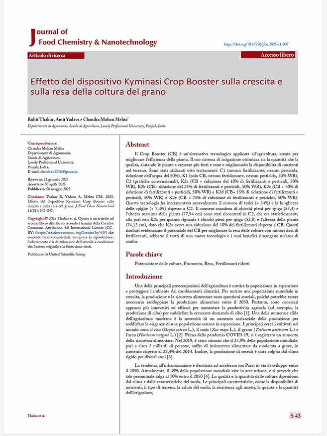 articolo su kyminasi plants ita articolo di ricerca: Effetto del dispositivo Kyminasi Crop Booster sulla crescita e<br />
sulla resa della coltura del grano
